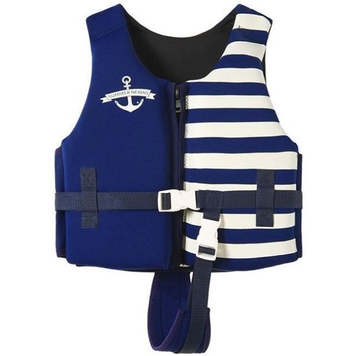 Chaleco salvavidas de neopreno para niños, con sistema de flotación y correa de seguridad ajustable, rayas azules.