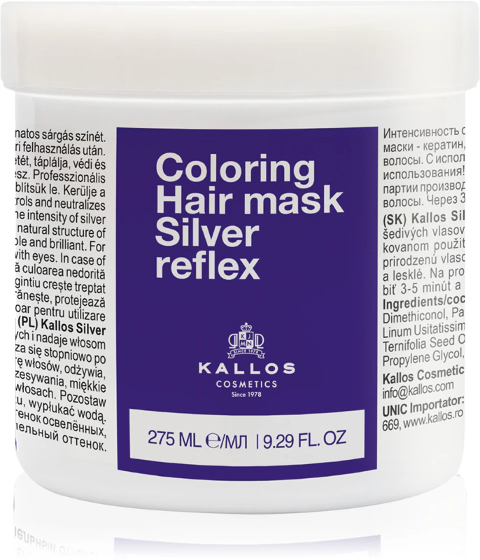 Máscara capilar Kallos Coloring Hair Mask Silver Reflex que neutraliza tons amarelados.