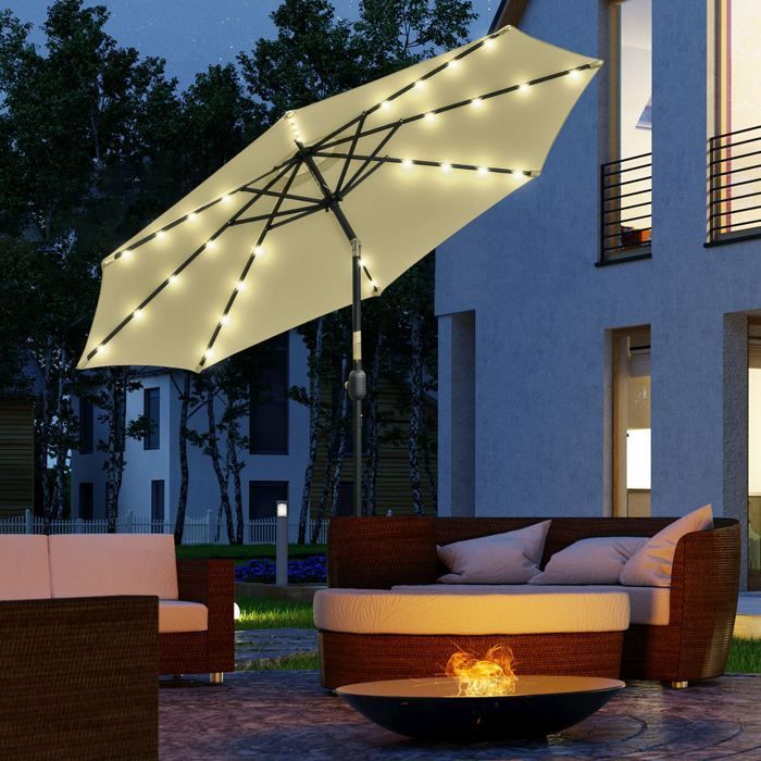 Tuinparasol voor buiten - Outsunny - rond, LED-verlichting op zonne-energie, kantelbaar met slinger, 8 baleinen - Ø 265 x 233 cm - beige