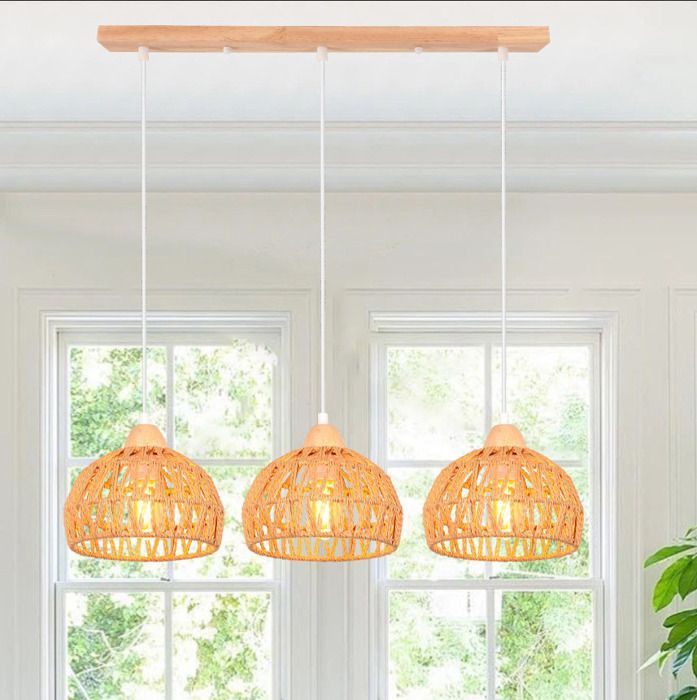 iDEGU Lampe Suspension Vintage Industriel Lustre en Bois Rotin Brun E27 Luminaire Eclairage Design Cage Rétro pour Salon Chambre