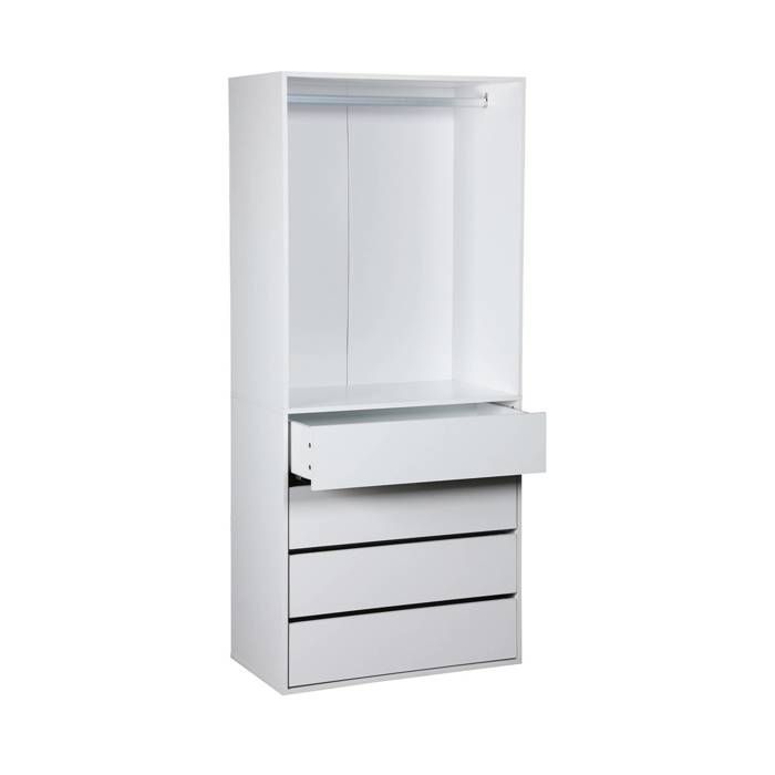 Armario con 4 cajones y 1 barra para colgar ropa, color blanco. Paneles laminados.
