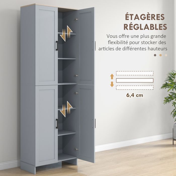 Mueble de cocina - HOMCOM - altura 170 cm - aparador alto con 4 puertas y estantes ajustables - diseño moderno - gris