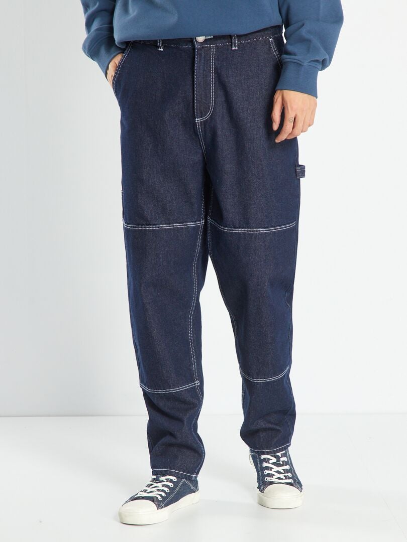 Calça jeans de perna larga com costura contrastante - AZUL