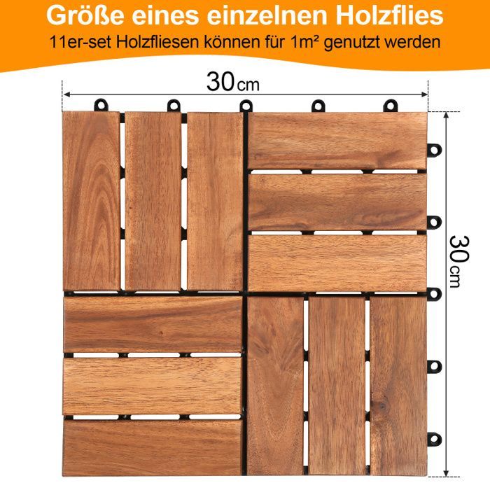 Cecaylie Certified Acacia Mosaic Terrace Tiles, 11 units, 30x30cm, clip system, cuttable