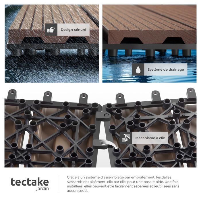 Baldosas para terraza - TECTAKE - Juego de 11 baldosas para terraza TEGULAS en WPC con aspecto de madera - Marrón
