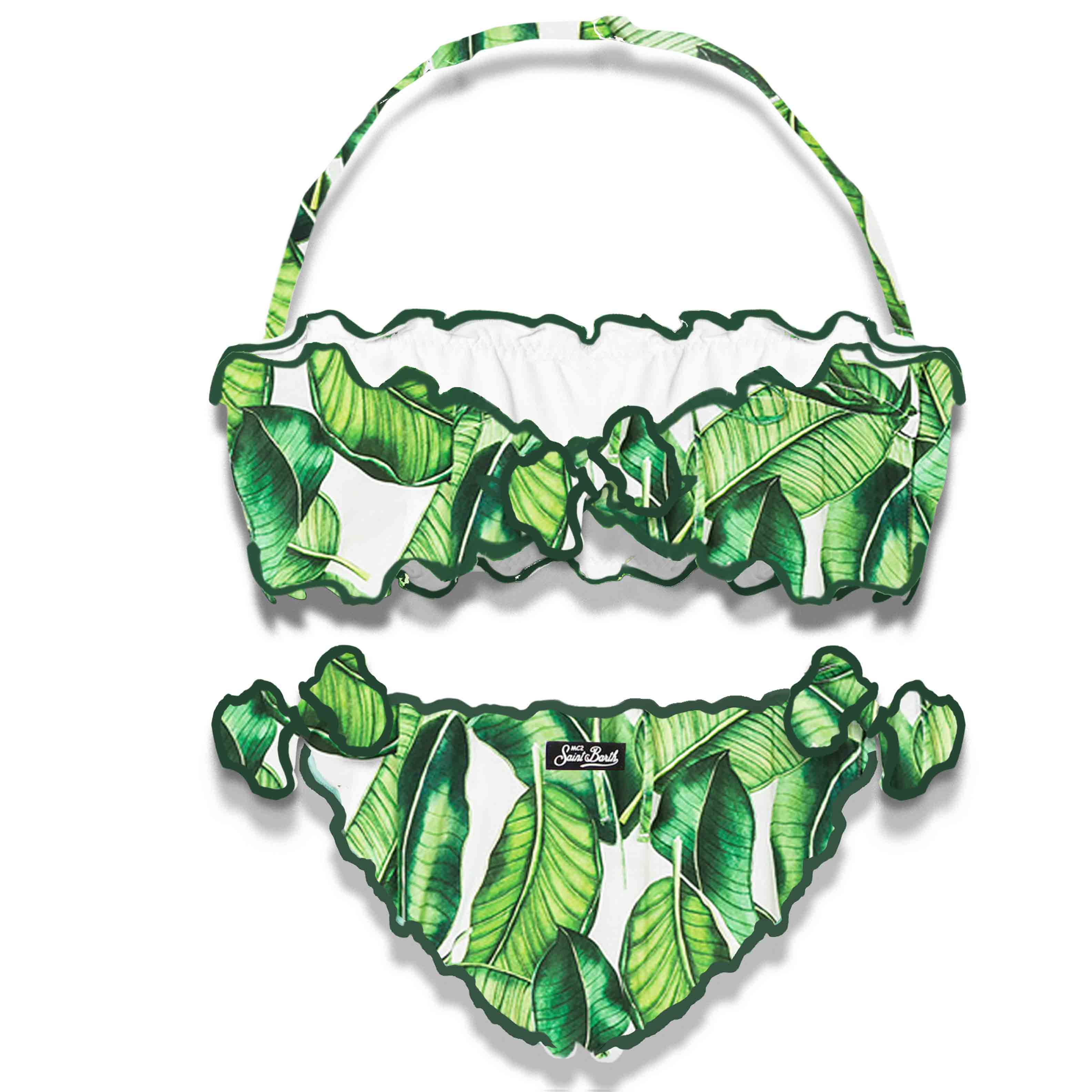 Bikini bandeau para niñas con estampado de hojas de plátano.