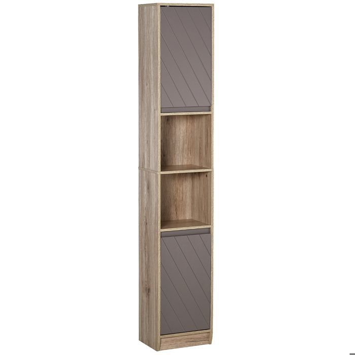 Mueble de baño tipo columna - HOMCOM - 6 estantes estrechos, 2 puertas, 2 compartimentos - madera - 30x24x170cm - roble gris