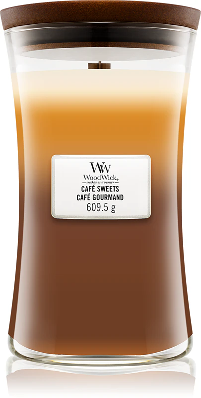 Vela aromática Woodwick Trilogy Café Sweets com pavio de madeira