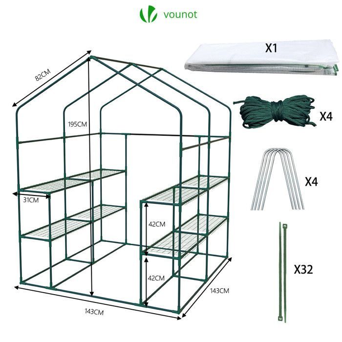 VOUNOT® Serre de jardin avec étagères 143x143x195cm blanc - bâche renforcée 135g/m² - fenêtre moustiquaire - porte enroulable