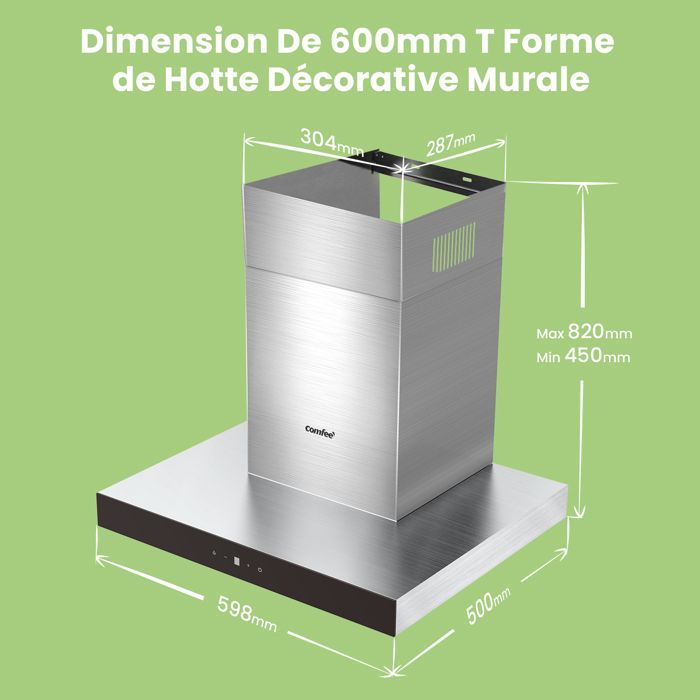 Exaustor de cozinha Comfee de 60 cm com controle por toque - 650 m³/h - Classe energética A+++ - 4 velocidades - Filtro de carvão ativado - Visor LED - Aço inoxidável preto