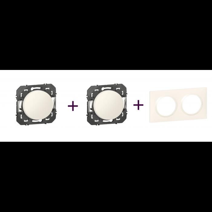 El paquete Legrand Dooxie incluye: 1 interruptor bidireccional blanco, 1 pulsador, 1 placa de cubierta 2P blanca