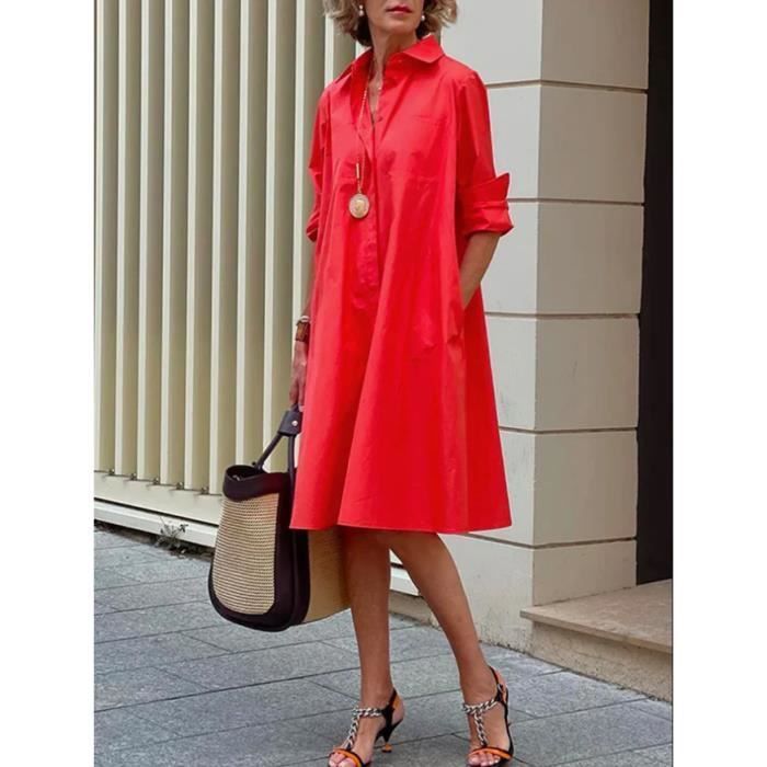 Robe pour femmes chemise Simple décontractée de couleur unie à manches longues col rabattu poche élégante Rouge
