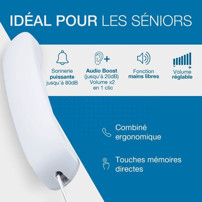 Téléphone fixe filaire senior - SUTEO - Grandes touches - Mains libres - Indicateur lumineux d'appel