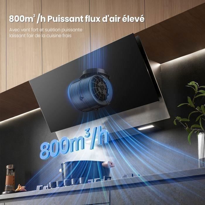 Exaustor de cozinha angular Comfee de 90 cm, 800 m³/h, Classe A++, 4 velocidades, BLDC, extração e recirculação, controles por gestos, vidro preto.