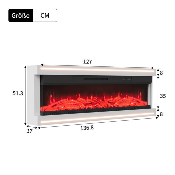 Cheminée Électrique Murale - AMBIANCE - 127 cm - 12 Couleurs de Flammes & LED d'Ambiance - Chauffage 750W/1500W avec Télécommande