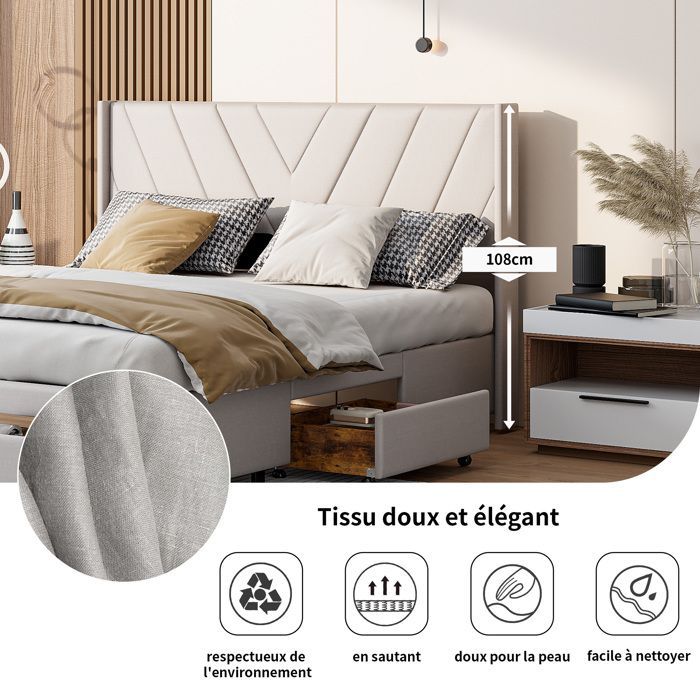 Cama doble de 160 x 200 cm, cama individual de 160 x 200 cm con 3 cajones, cama tapizada, con cabecero, estructura de cama, ropa de cama, color beige.