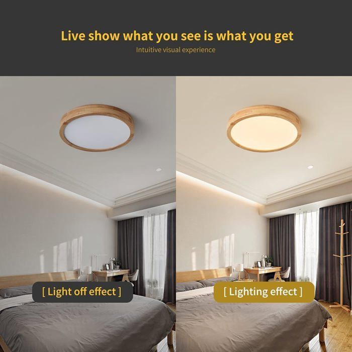 SNOGOLD Plafonnier LED en Bois 20 W, Plafonnier Moderne Rond en Bois Ø30 cm, pour Salon Cuisine Couloir - 6000K Blanch Froid