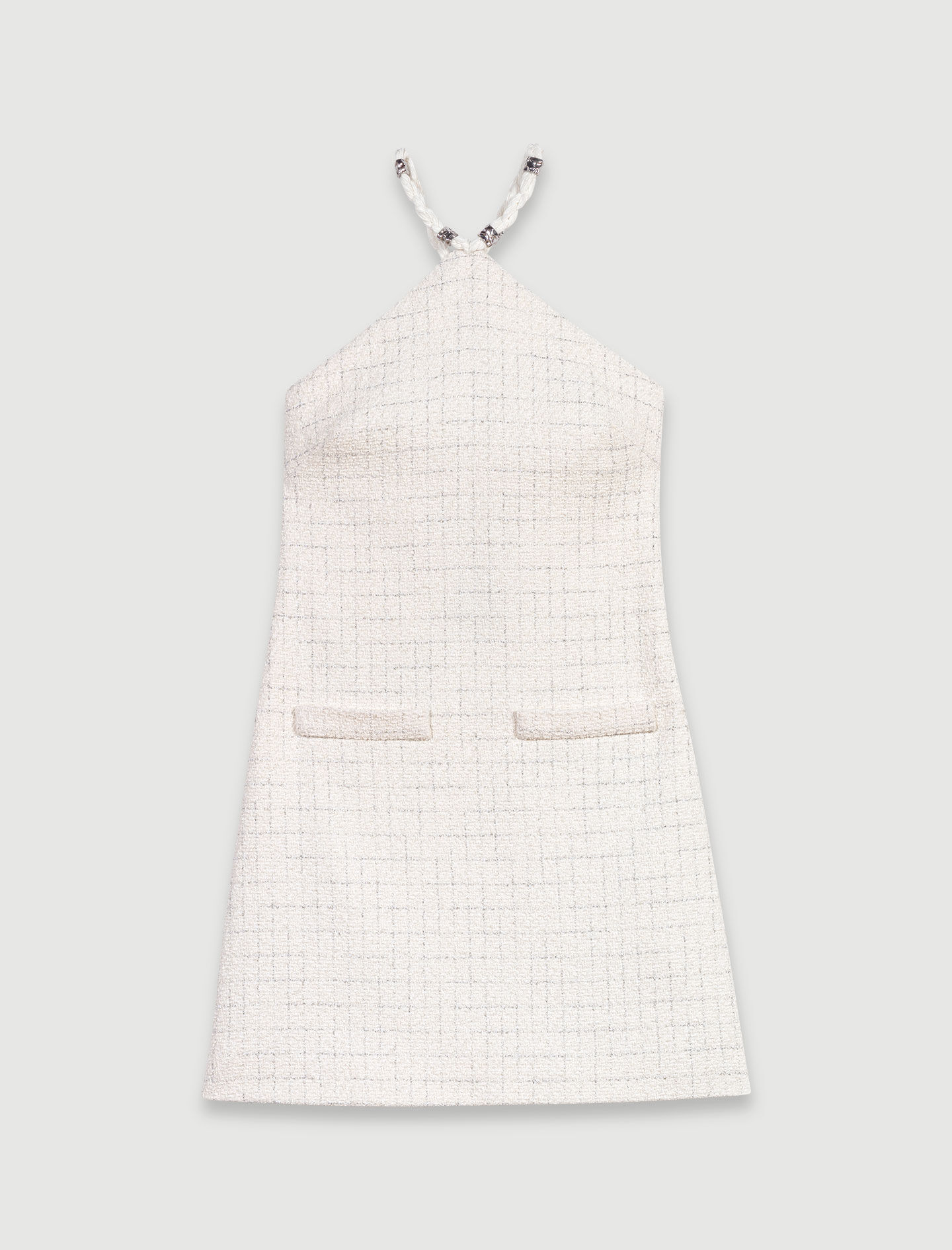 Rochie scurtă din tweed cu bretele - Alb-gălbui