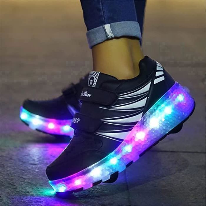 Zapatillas infantiles con ruedas LED luminosas, zapatillas deportivas con ruedas dobles, zapatillas de skate para exteriores para niñas y niños, color negro.