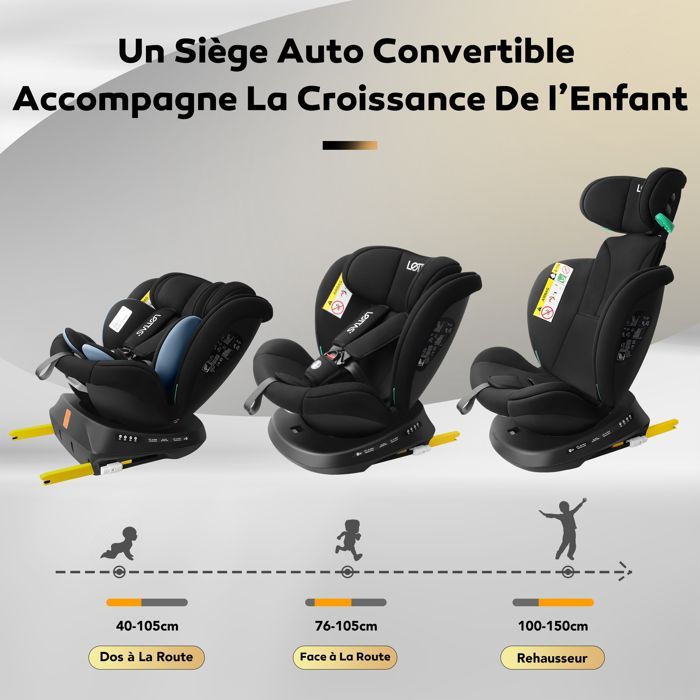 Silla de coche LETTAS i-Size giratoria 360° con Isofix, grupo 0+1/2/3, desde el nacimiento hasta los 12 años (0-36 kg), 40-150 cm, ECE R129
