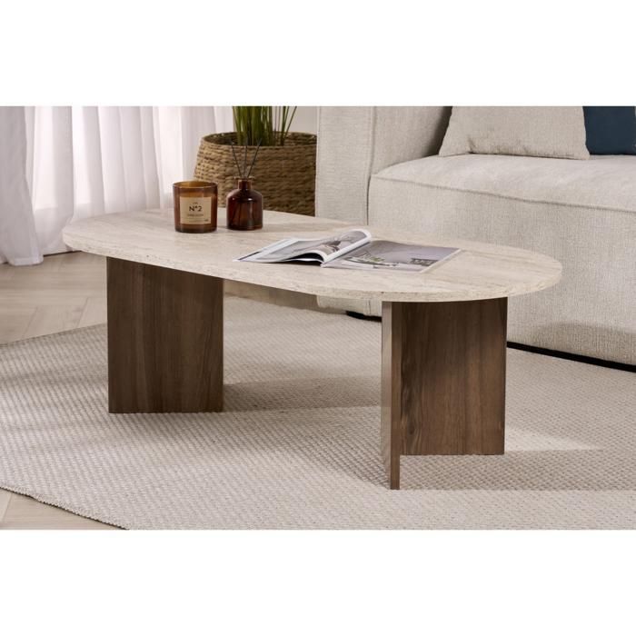 CALICOSY - Table basse ovale L119 cm - IRIS - Travertin/ Noyer