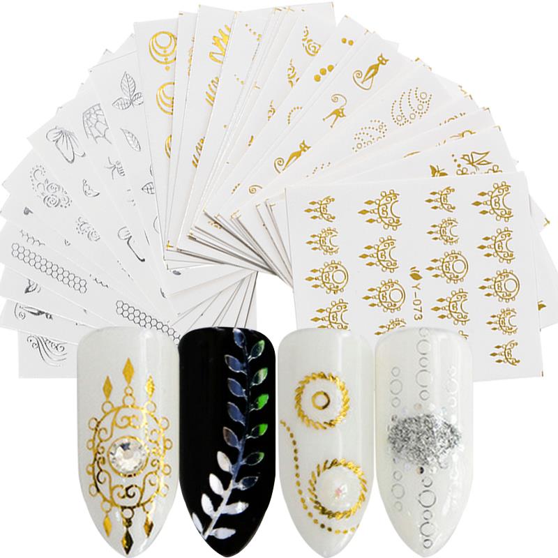 30 feuilles d'autocollants à l'eau classiques argentés, dorés et bronzés, motifs fleurs, feuilles et chats, pour manucure et nail art.