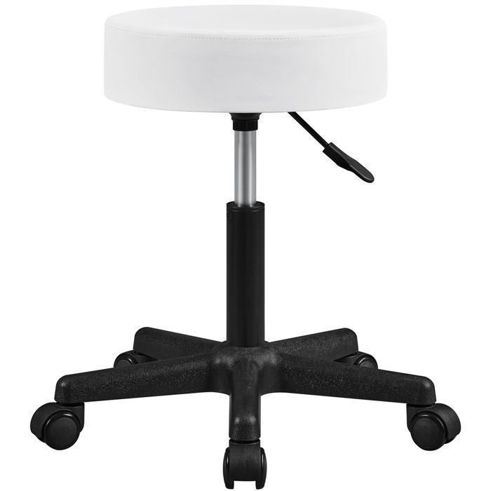 Yaheetech Tabouret Rond à Roulettes Hauteur Réglable 46-61,5 cm avec Assise Rembourrée Revêtement en Similicuir Blanc