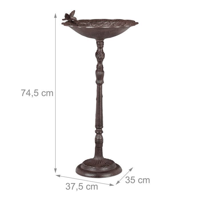 Baño decorativo para pájaros Relaxdays, hierro fundido, diseño antiguo, altura: 74,5 cm, para jardín, marrón.