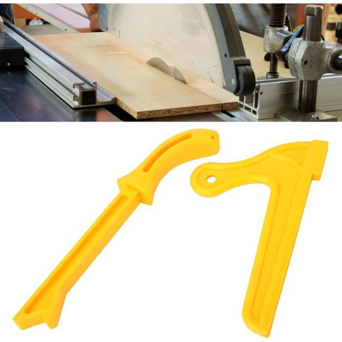 2 empujadores de seguridad amarillos: ideales para sierras de mesa y fresadoras de madera.