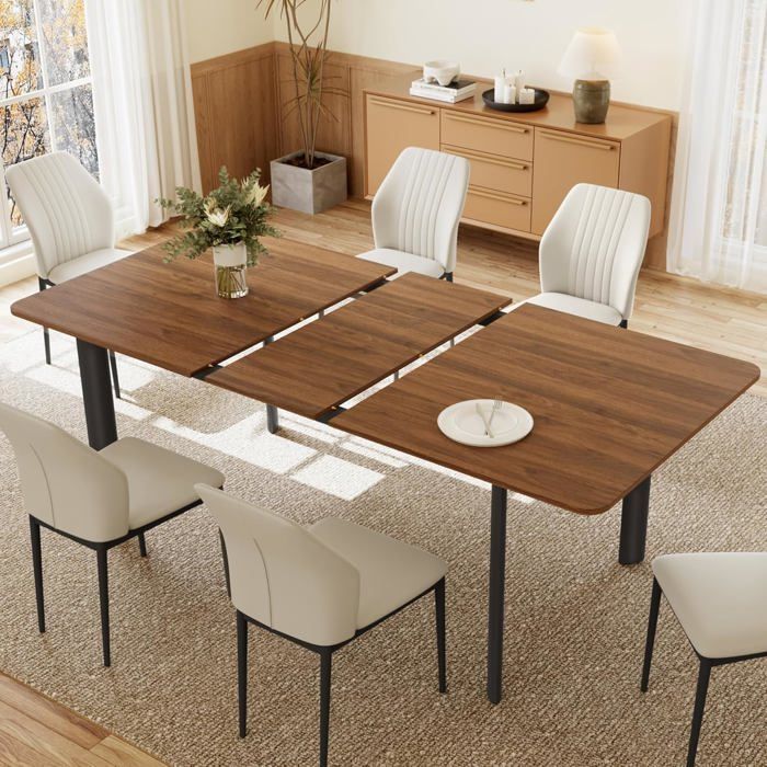 Stilvoller Moderner MDF-Platten Esstisch Mit Stühlen Set Für Das Wohnzimmer(160-200 cm Walnuss-Tisch + 6 white Stühle)