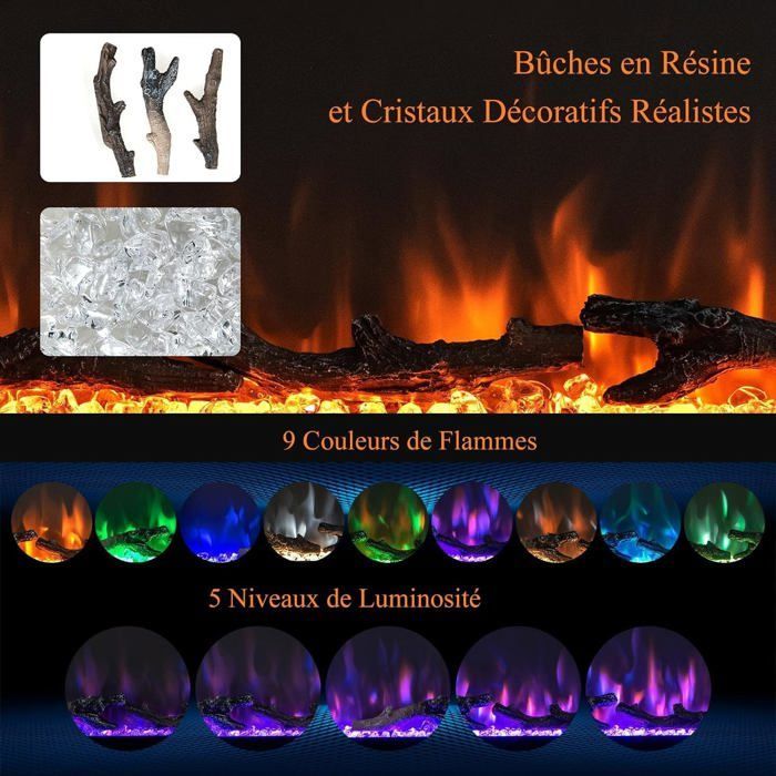 GIANTEX Cheminée Électrique 750W/1500W - 16-28°C - Effet Flamme 3D & 12 Couleurs & 5 Luminosités - Minuterie - 36''/91cm