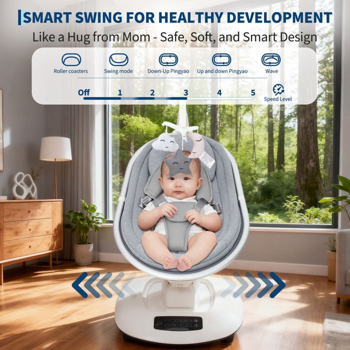 Mecedora eléctrica para bebé con 5 movimientos, velocidad regulable, mando a distancia, reclinable, arnés de 5 puntos y nanas - gris claro