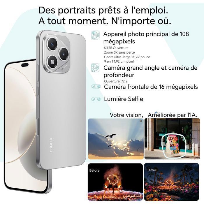 Smartphone 5G - HONOR 400 Lite - 8GB RAM - 256GB - Grigio - Pulsante fotocamera AI - Ritratto urbano da 108MP - 5230mAh - Versione UE