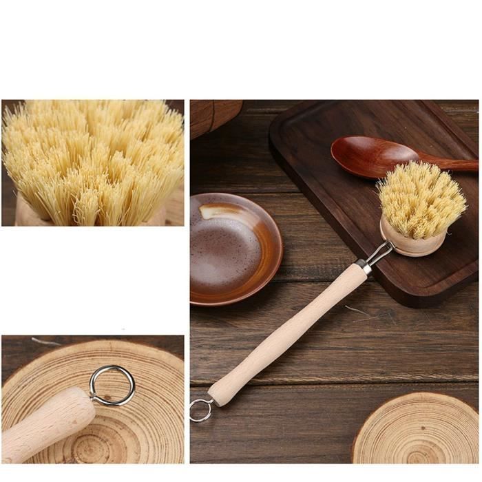 Brosse a Vaisselle De Cuisine, Brosse À Vaisselle Longue Manche,Brosses De Nettoyage En Bois Avec 3 Têtes De Rechange - 1Set