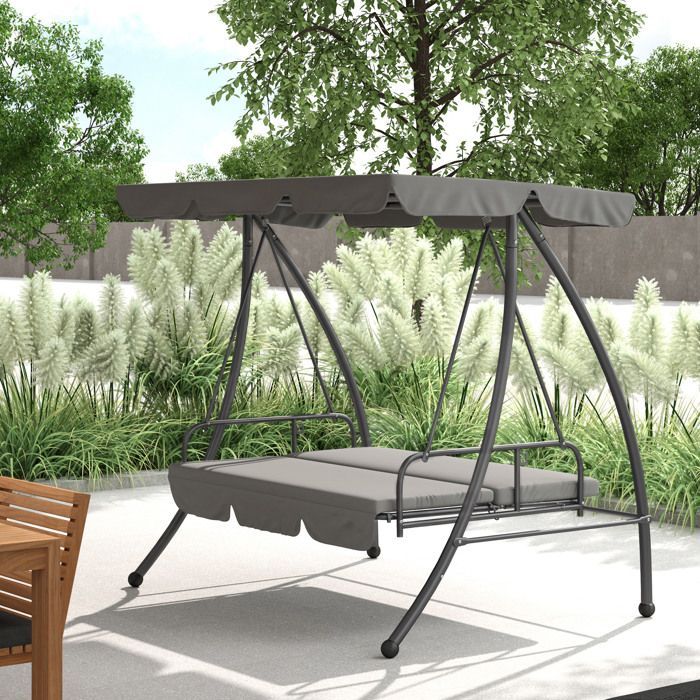 Cadeira de balanço de jardim - Conversível para 3 pessoas - Inclinação da cobertura ajustável - Colchão - 2 x 1,25 x 1,7 m - Estrutura de metal e poliéster - Cinza claro