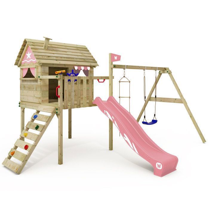 WICKEY Smart Travel, casetta in legno su palafitte con scivolo rosa pastello da 220 cm e altalena – 10 anni di garanzia*