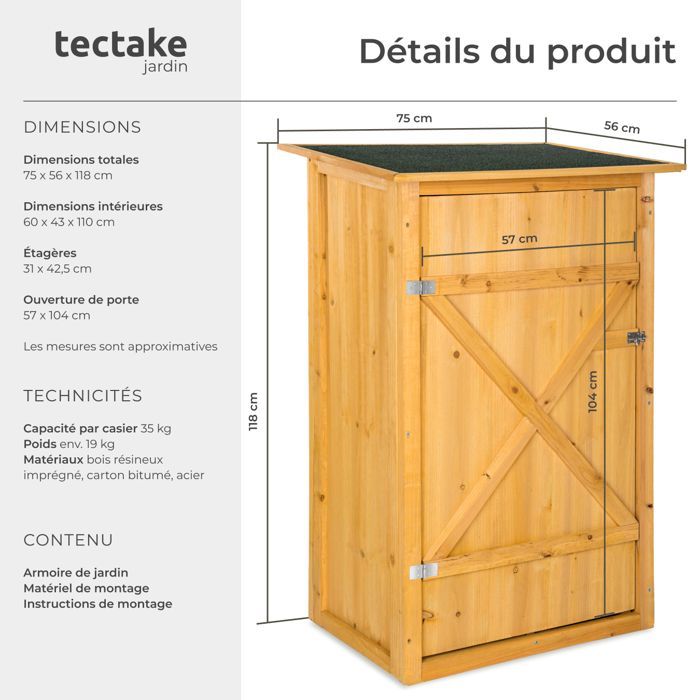 Armoire de jardin - TECTAKE - Abri TAMAN en Bois 2 Etagères avec Fermeture à verrou 75 cm x 56 cm x 118 cm - Marron