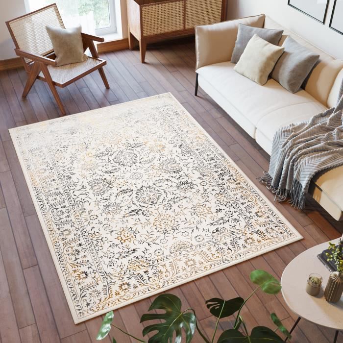 TAPISO Tapis de Salon Chambre GOLDEN Crème Gris Beige Ornemental Polypropylène Intérieur 140x200 cm