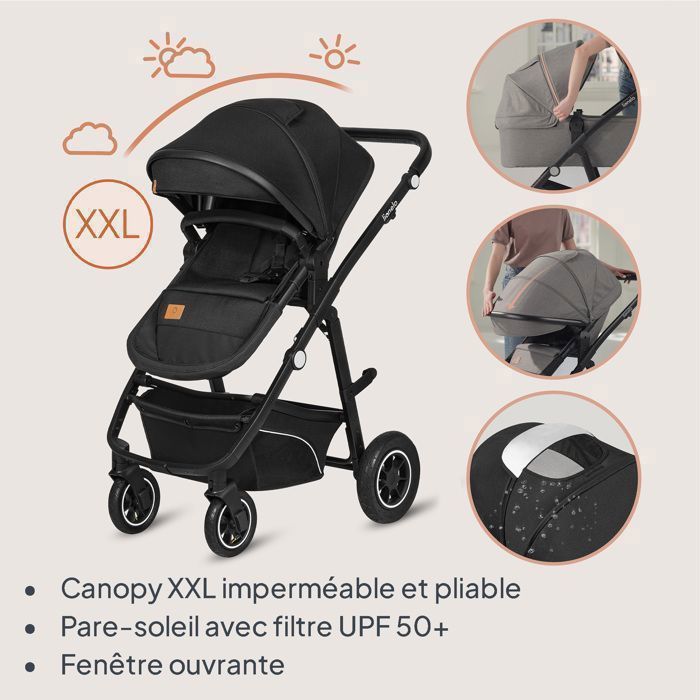 Poussette 3 en 1 LIONELO Bianka -Jusqu'à 22 kg - Pack poussette, Nacelle, Siège auto, sac et accessoires - Noir
