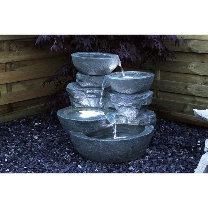 Fuente de jardín en cascada ARNUSA con iluminación, fabricada en poliresina resistente a la intemperie.