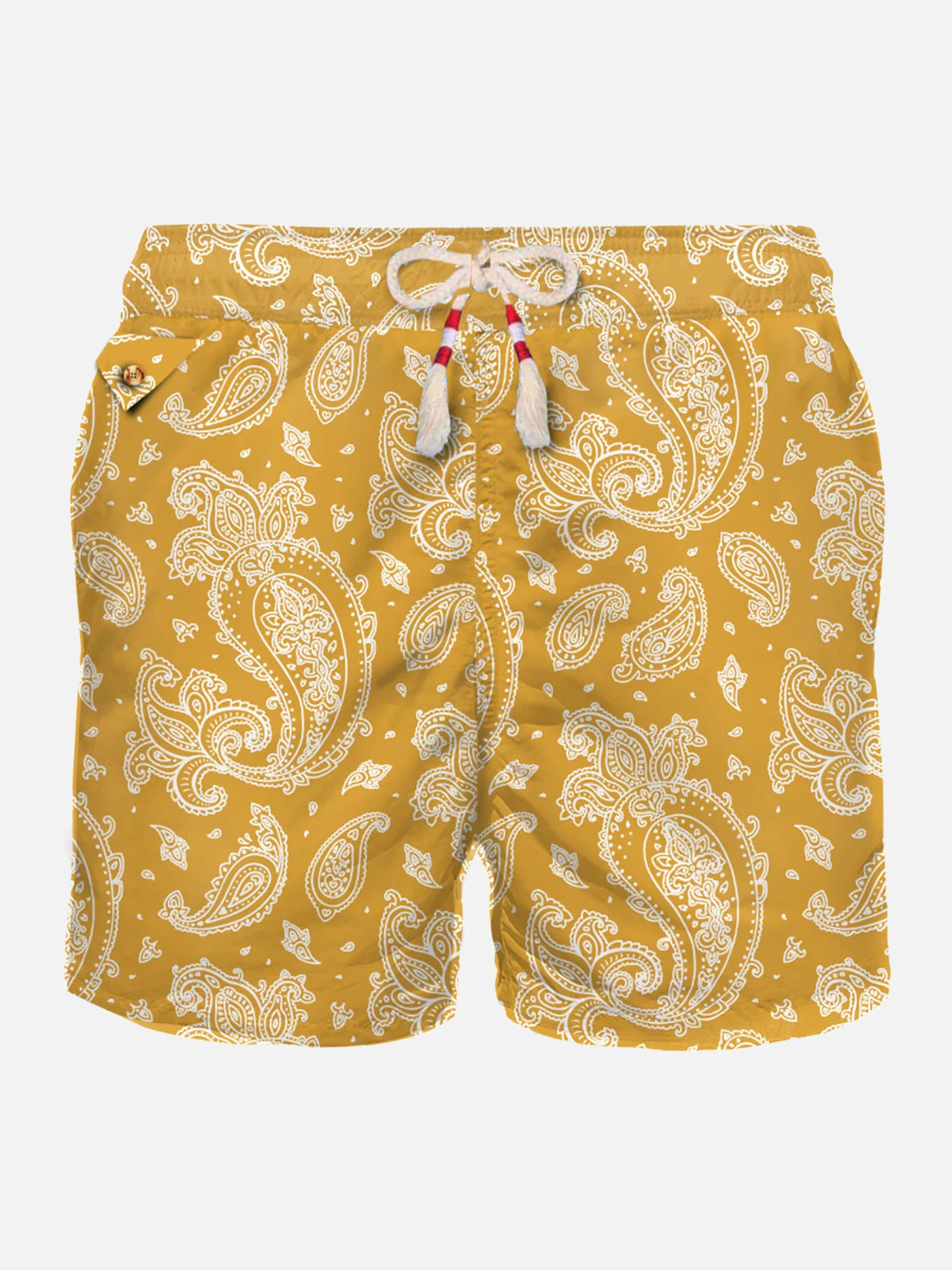 Herenzwempak van lichtgewicht stof met okerkleurige paisleyprint.