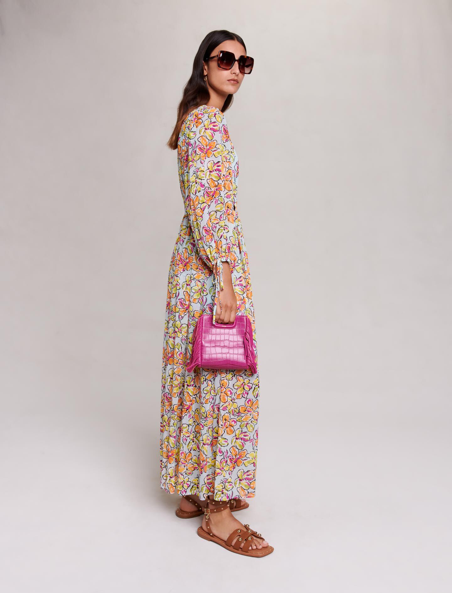 Rochie lungă plisată cu imprimeu - Hibiscus portocaliu / albastru