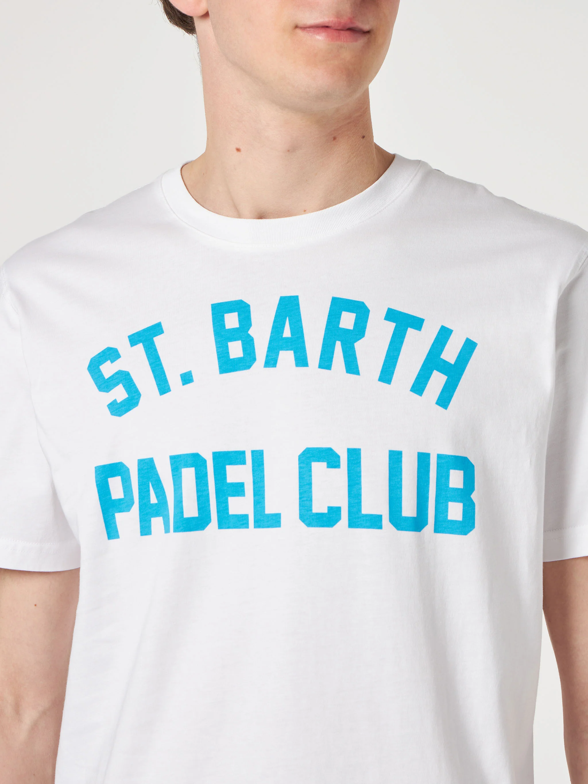 Camiseta masculina branca de algodão com estampa do St. Barth Padel Club