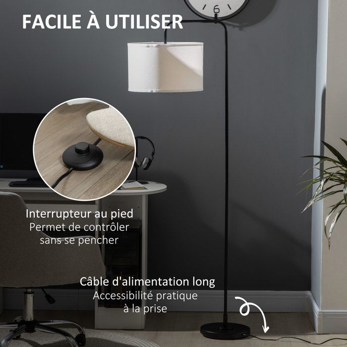 Stehlampe fürs Wohnzimmer – Wohnzimmerlampe – HOMCOM – Lampenschirm aus Leinen, Fußschalter, Leselampe – Metall – schwarz-weiß