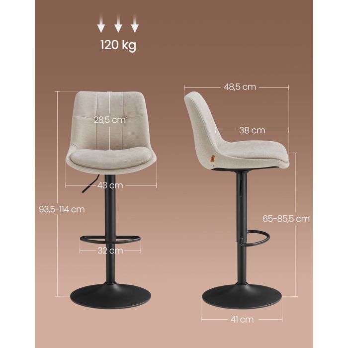 VASAGLE Tabourets de Bar, Lot de 4, Chaise de Cuisine, Siège Pivotant à Hauteur Réglable, avec Dossier et Repose-Pieds, Acier, Blanc