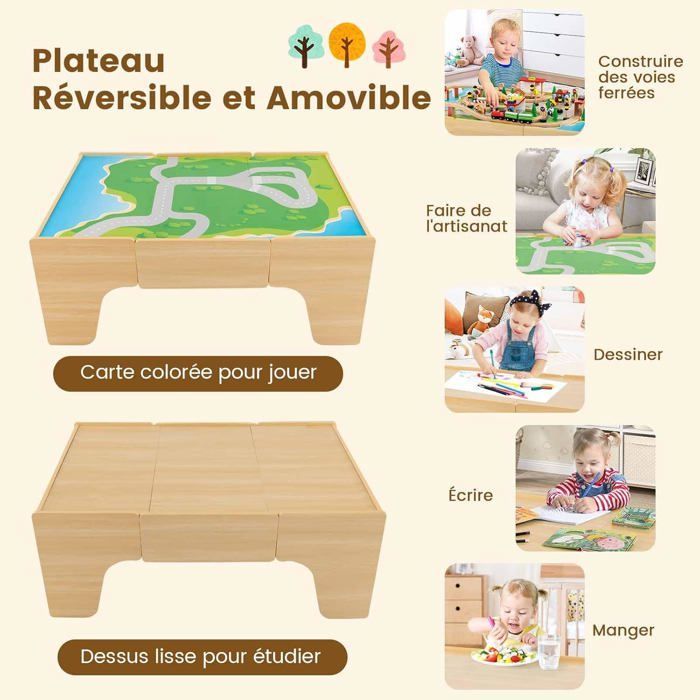 COSTWAY Circuit Voiture Enfant - 84 Accessoires avec Table, Plateau Réversible 2 en 1, Tiroir Coulissant, Train en Bois pour 3 Ans+