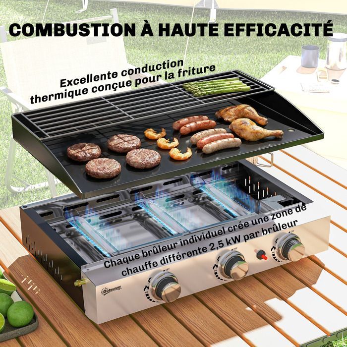 Gas griddle - gas barbecue - Outsunny - 3 burners, enamelled plate, 7.5 kW, warming rack - stainless steel - 62x44x21cm - black