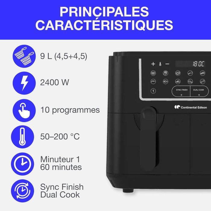 Freidora de aire Continental Edison - CERFRSH24002CB - 9 L - Bandejas dobles - 2400 W - Negra