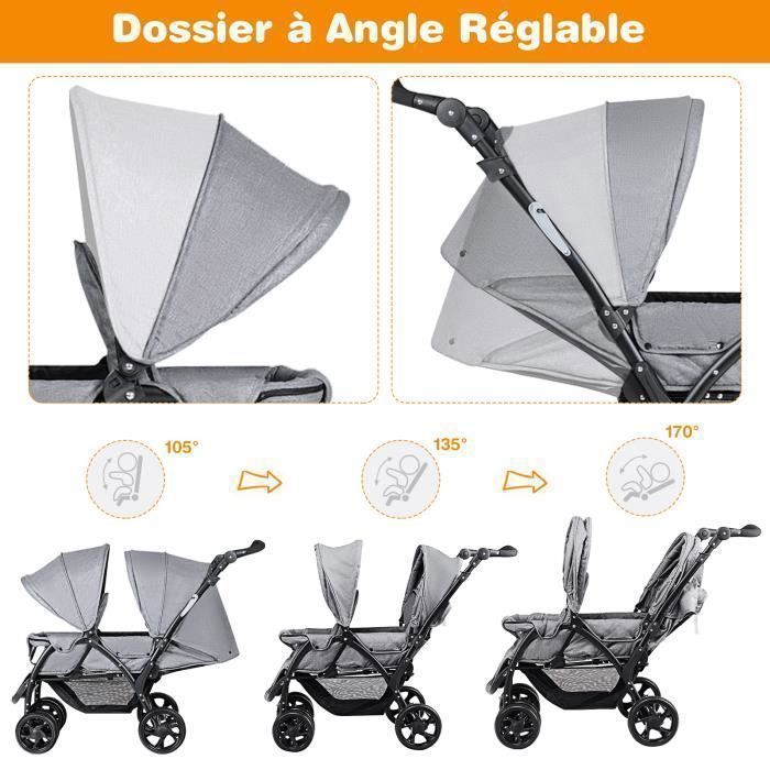Cochecito doble plegable COSTWAY con capota ajustable, manillar, 4 ruedas con amortiguación, arnés de 5 puntos y capacidad de carga de 30 kg - Gris