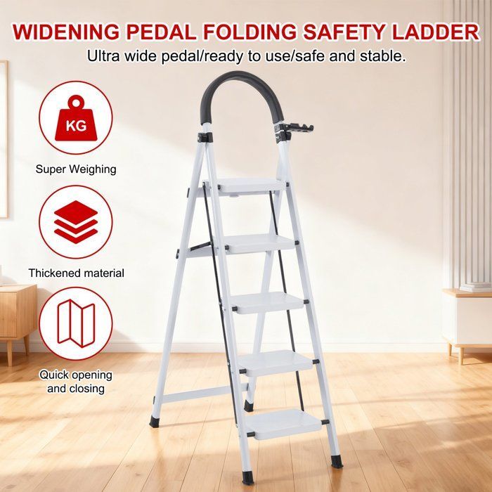 Escalera plegable de 5 peldaños Seven Comfort con pedal antideslizante - 74 × 47 × 139 cm - Escalera de acero estable de 150 kg - Blanca